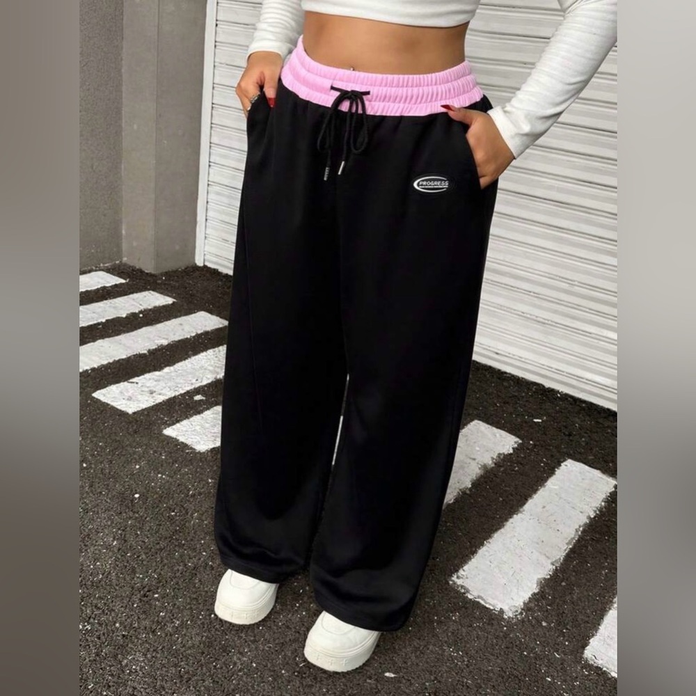 SHEINCurve Black Wide-Leg Pants with Pink Elastic Waistband